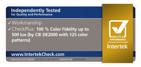 Four UL Verified marks for dimming accuracy, black levels, and color consistency, along with an Intertek certification mark for Color Fidelity.